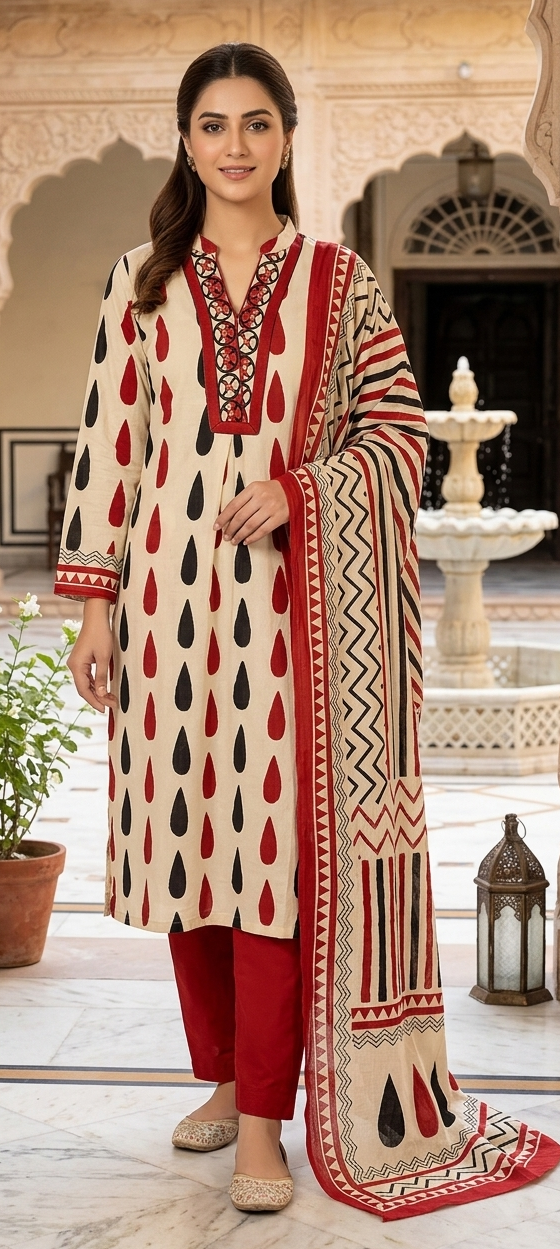 Cream and rust colour pure cotton fabric 3 piece suit (Z0609)
