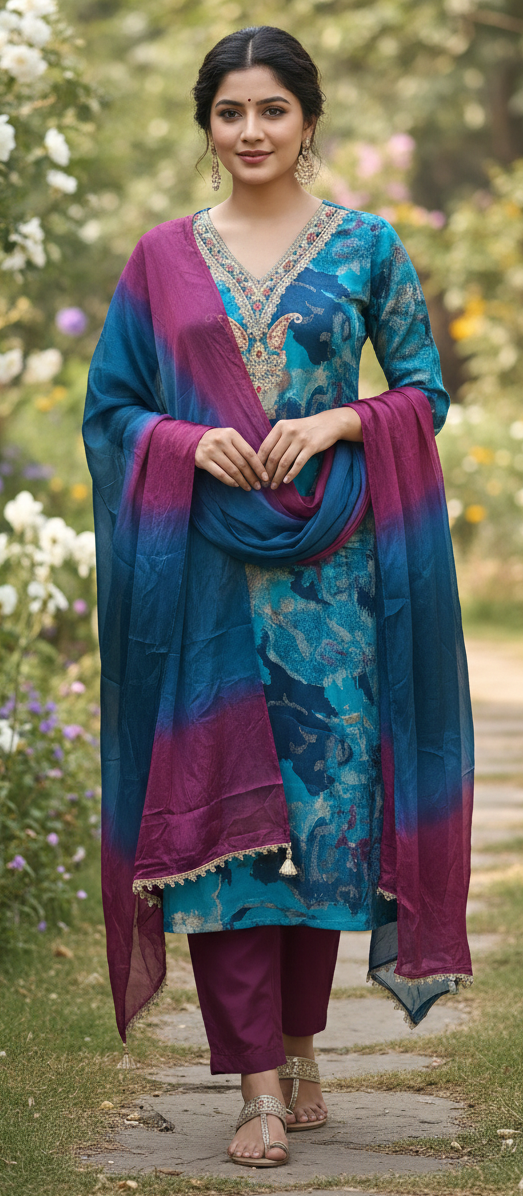 Blue colour shiffon fabric 3 piece suit (Z0587)