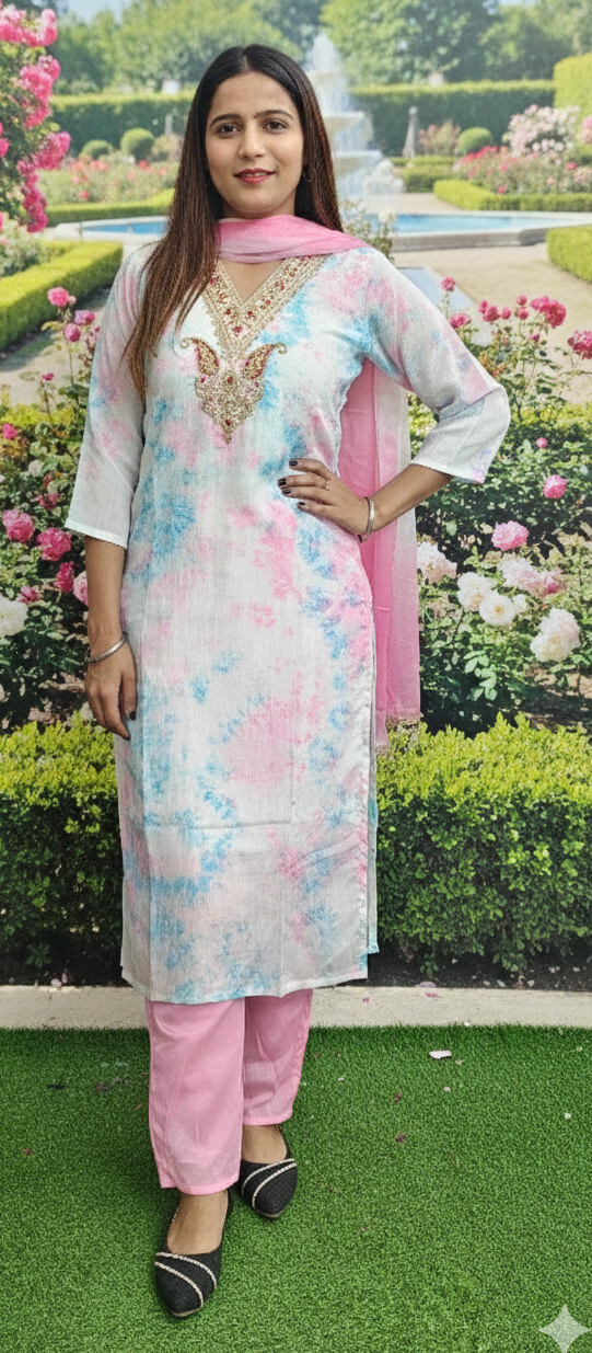 white and pink colour shiffon fabric  3 piece suit (Z0507)