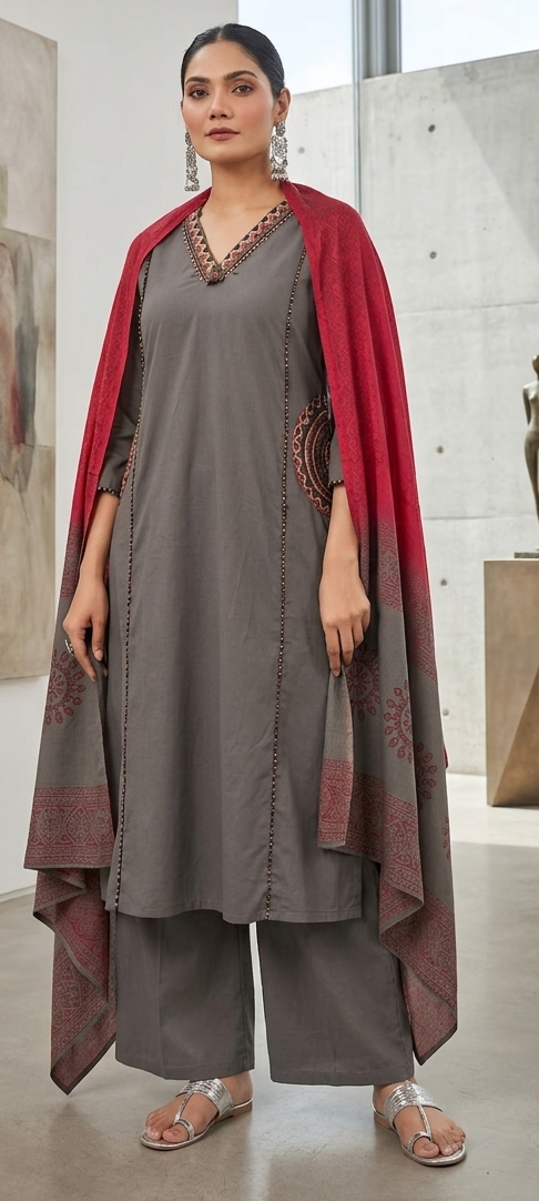 Grey colour cotton fabric 3 piece suit (Z0611)