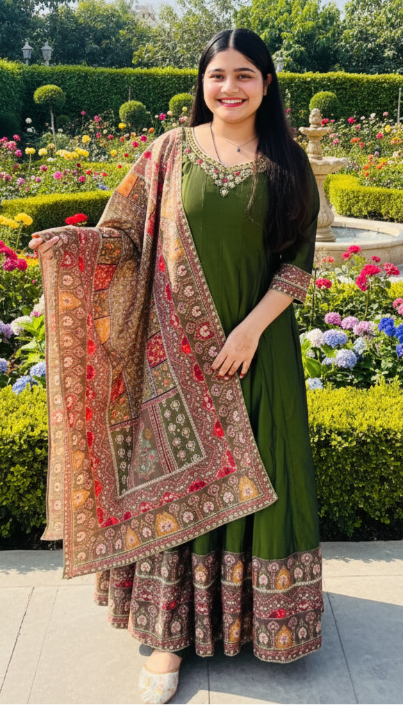 Green colour chinon fabric partywear Anarkali (Z0550)