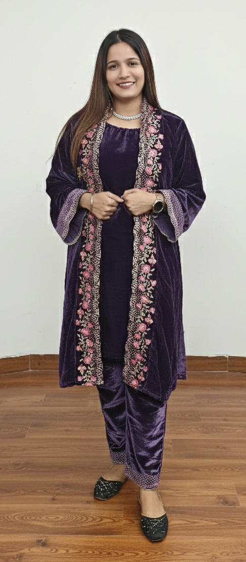 Purple Velvet with Shrug 3 Piece Party wear suit (ZO431)