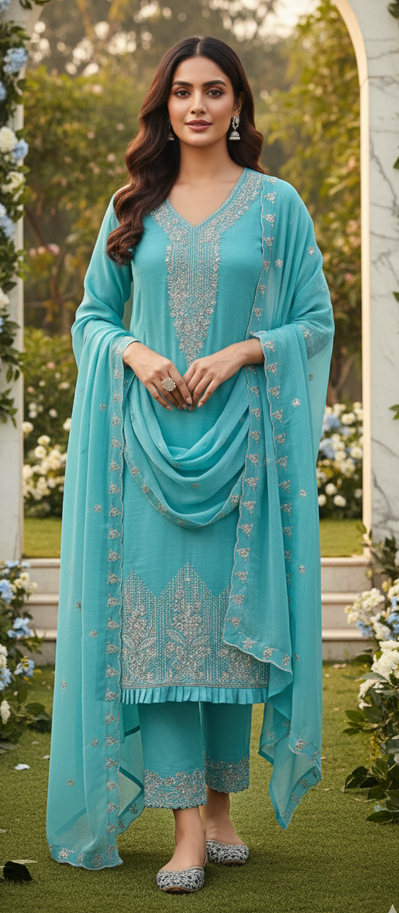 Sky Blue Colour Party wear 3 Piece suit (Z0495)