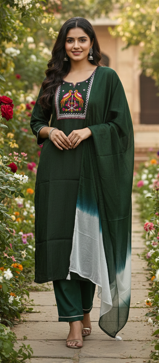 Green  colour  cotton fabric 3 piece suite (Z0536)