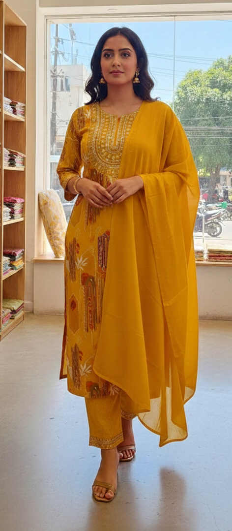 Yellow colour reyon cotton fabric 3 piece suite (Z0544)