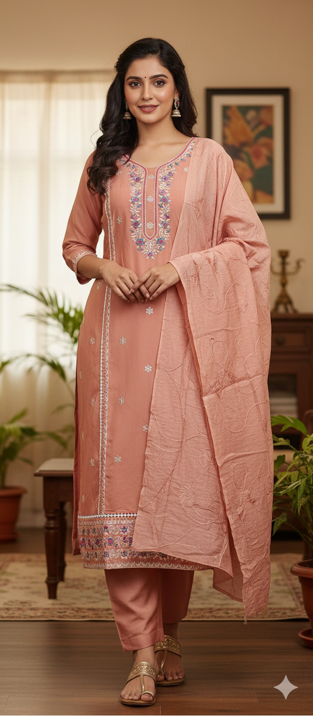 Peach colour cotton silk fabric 3 piece suit (Z0526)