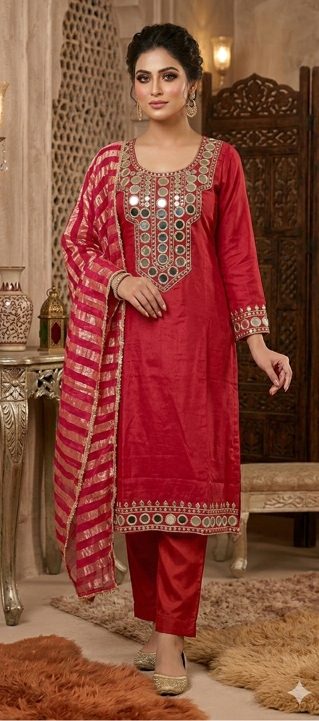 Cherry Red colour mirror work partywear 3 piece suit (Z0594)