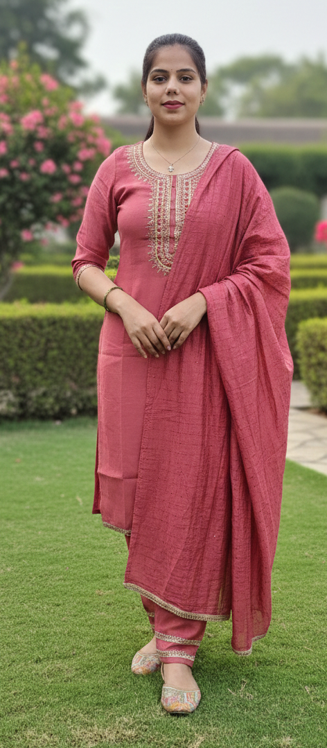 Rosey Pink colour cotton  silk fabric 3 piece suite (Z0532)