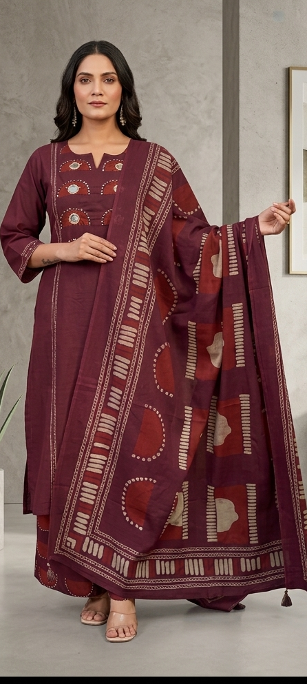 Maroon colour cotton fabric 3 piece suit (Z0610)