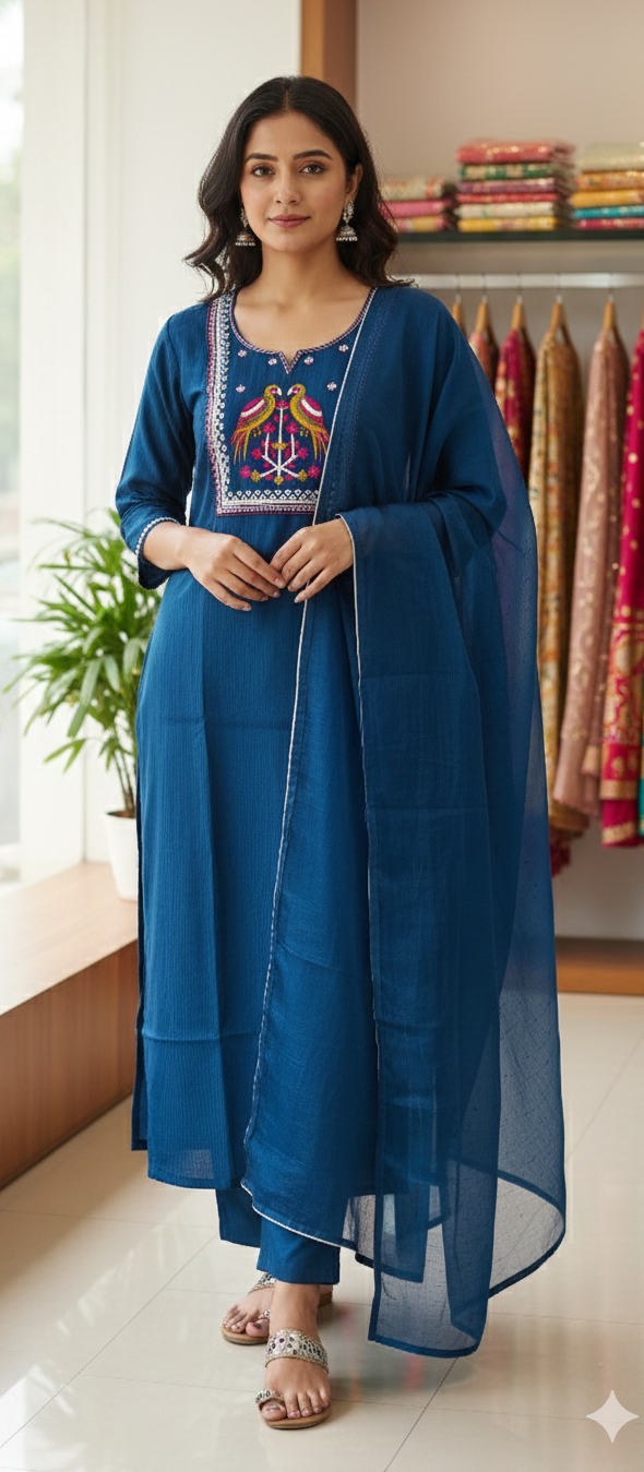 Teal blue colour  cotton 3 piece suit (Z0537)