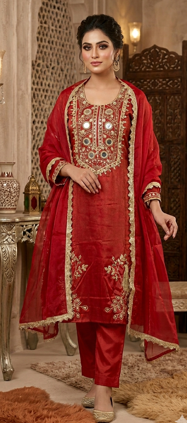 Brick red colour mirror work partywear 3 piece suit (Z0596)
