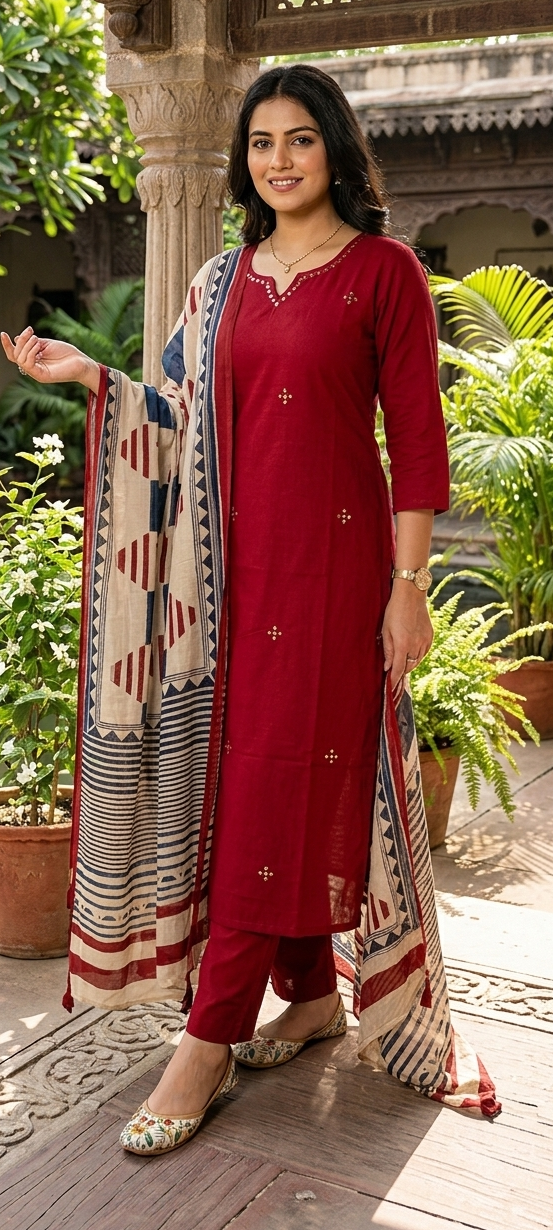 Red colour cotton fabric 3 piece suit (Z0618)