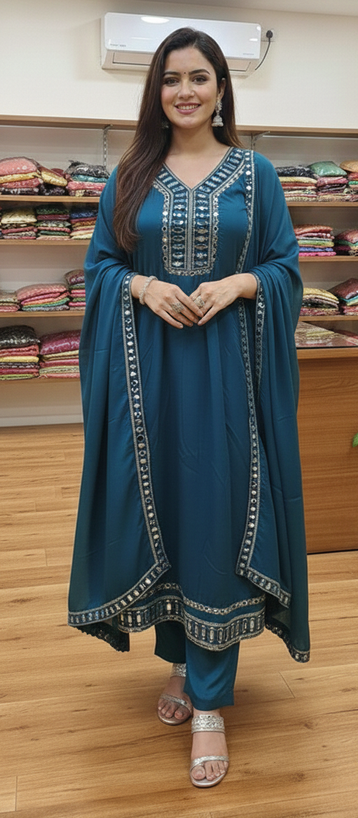 Peacock blue colour mirror work partywear anarkali suit (Z0567)