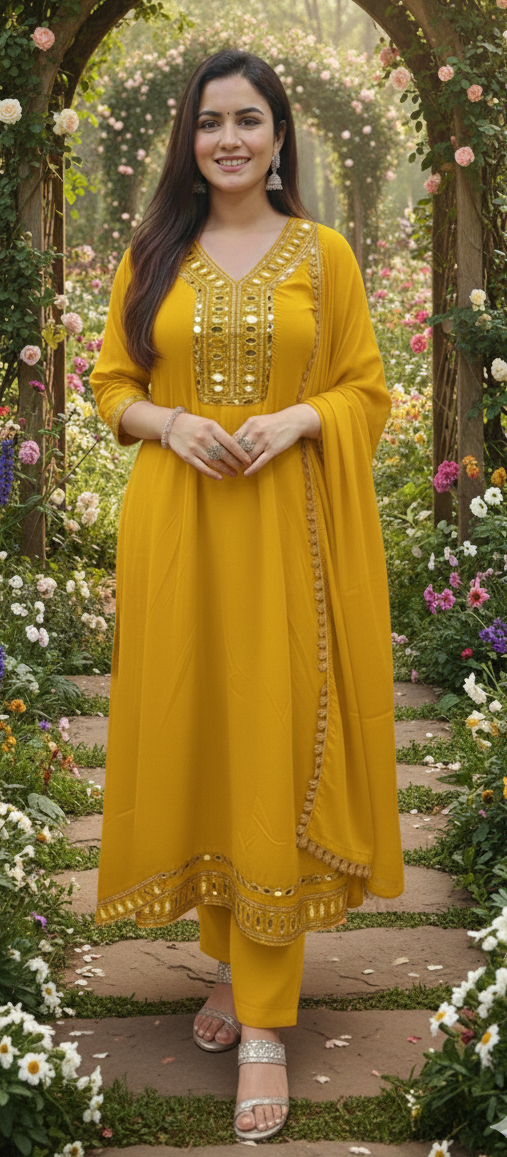 Yellow colour mirror work partywear anarkali suit (Z0565)