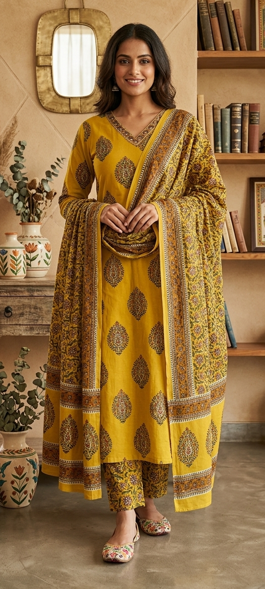 Yellow colour cotton fabric 3 piece suit (Z0614)