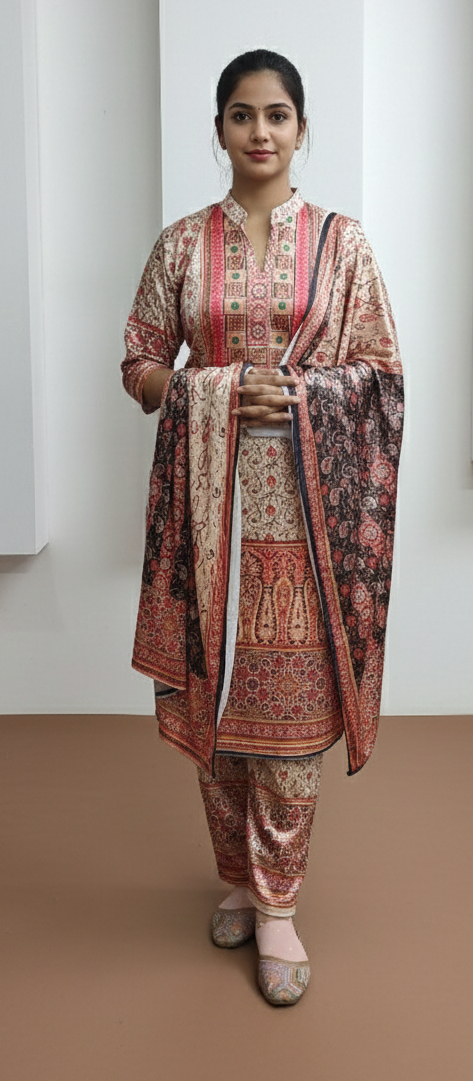 Cream Colour with flower print Crush velvet 3 piece suit (ZO427)