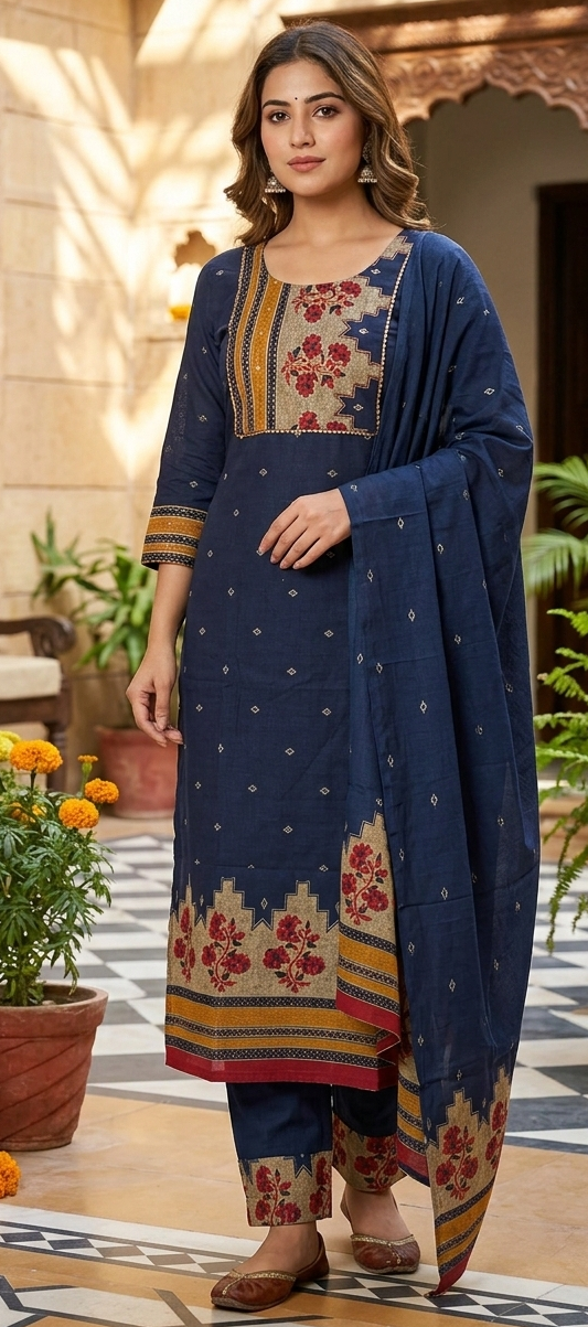 Blue colour Plus size cotton 3 piece suit (Z0589)