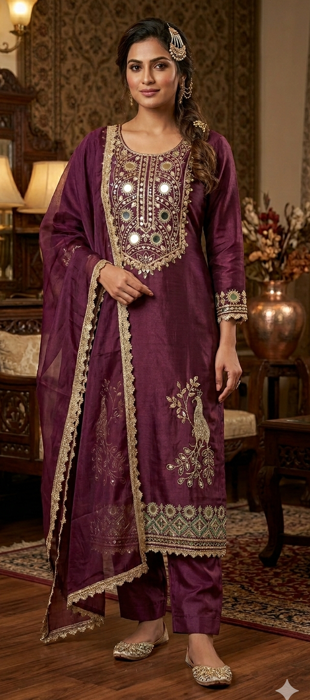 Purple colour mirror work partywear 3 piece suit (Z0595)