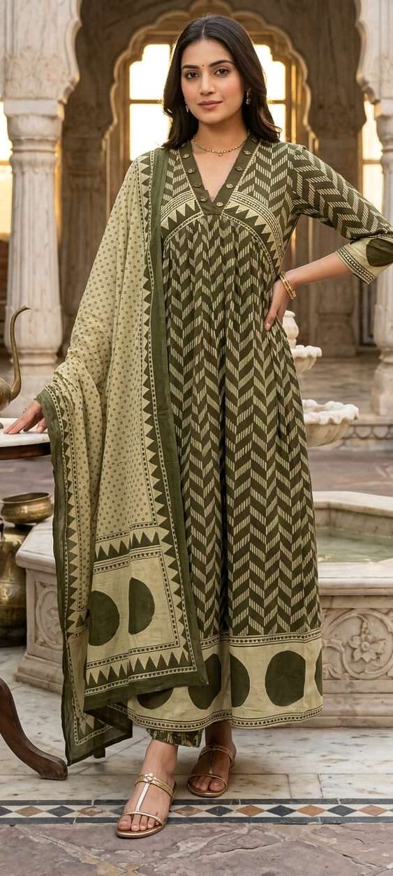 Green colour cotton fabric anarkali 3 piece suit (Z0613)