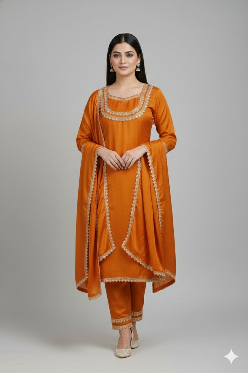 Orange colour Roman simar Party wear 3 Piece suit (Z0491)