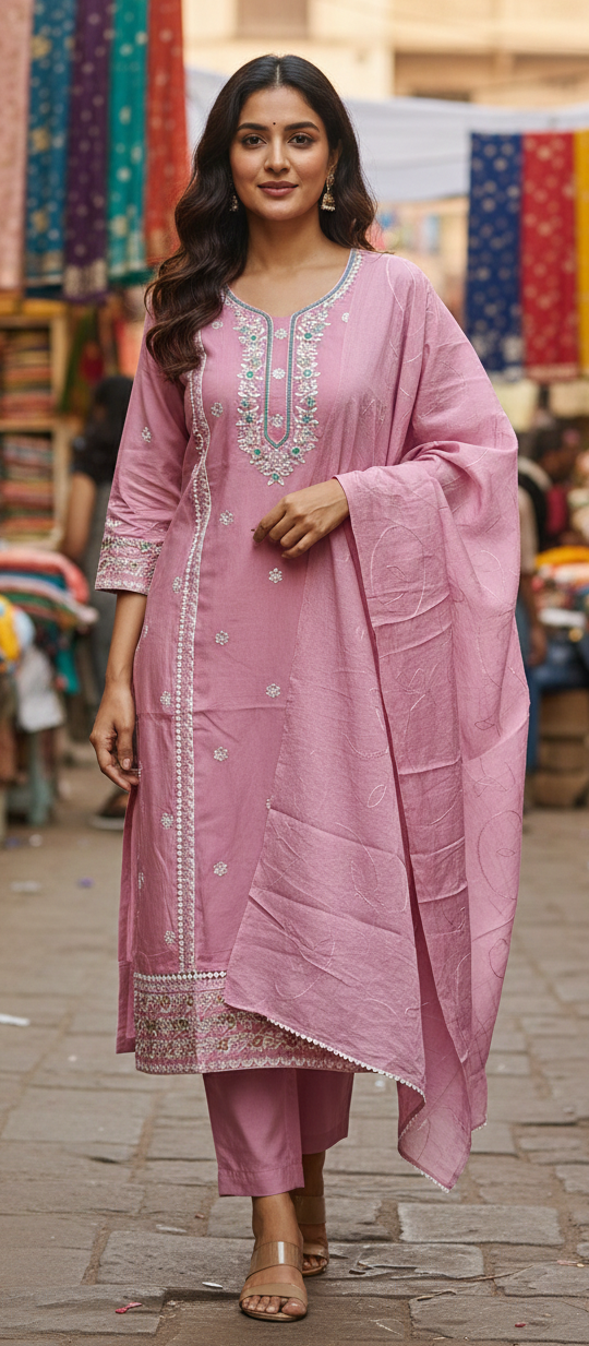 Pink colour  cotton silk fabric 3 piece suit (Z0527)