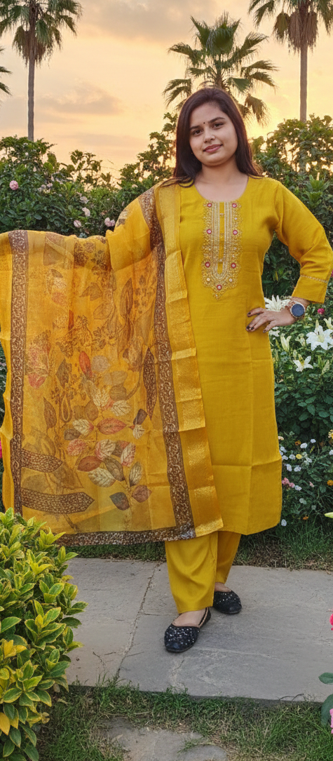 Yellow colour pure cotton fabric 3 piece suite organza duppta  (Z0534)