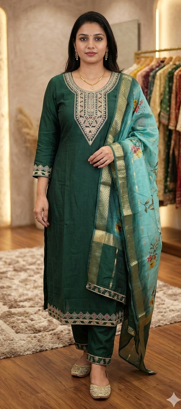 Green colour Partywear 3 piece suit (Z0592)