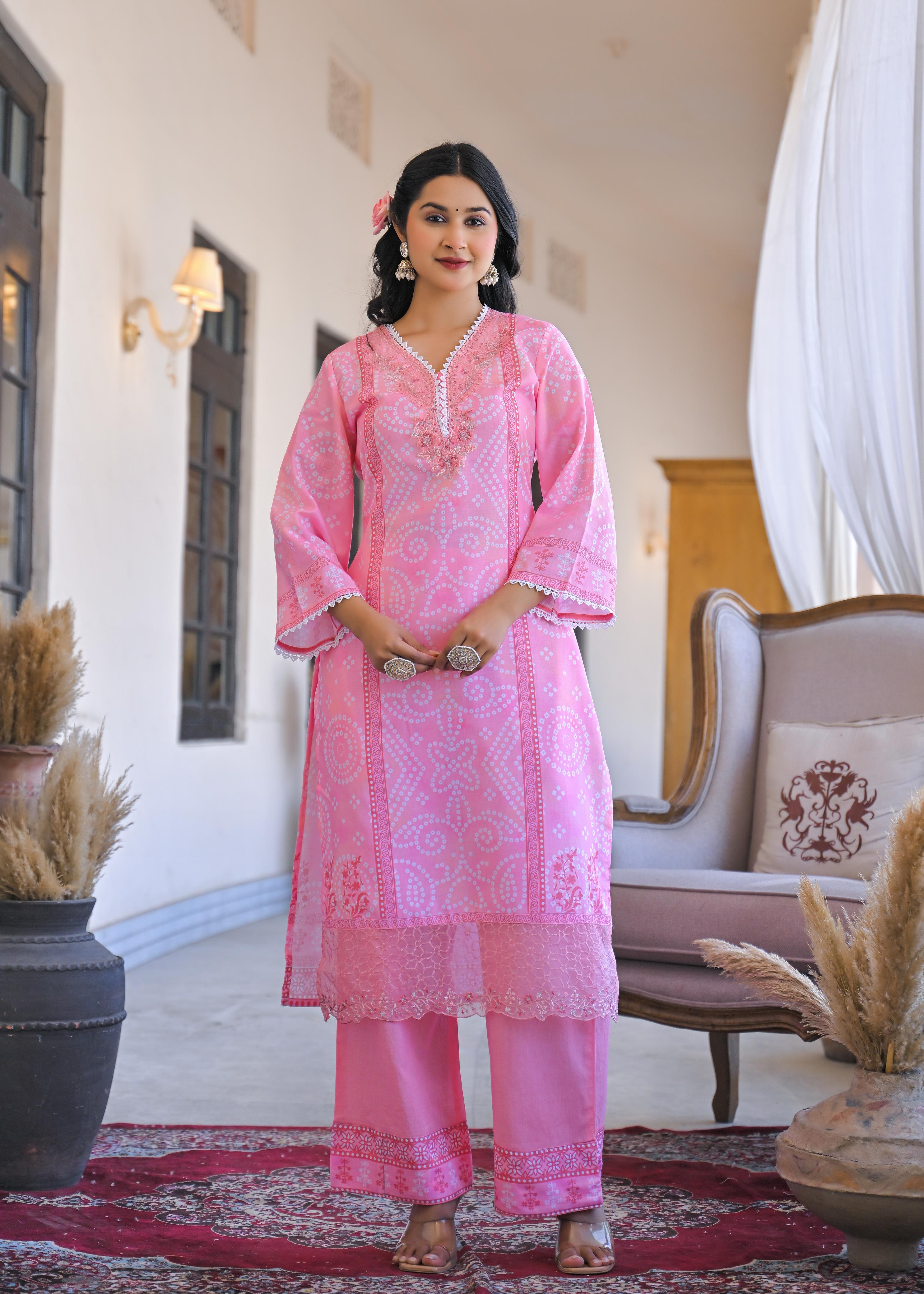 Women's Pink 3/4 Sleeves Jam Cotton Suit of 3 Embroidered Kurta, Palazzo & Dupatta Set