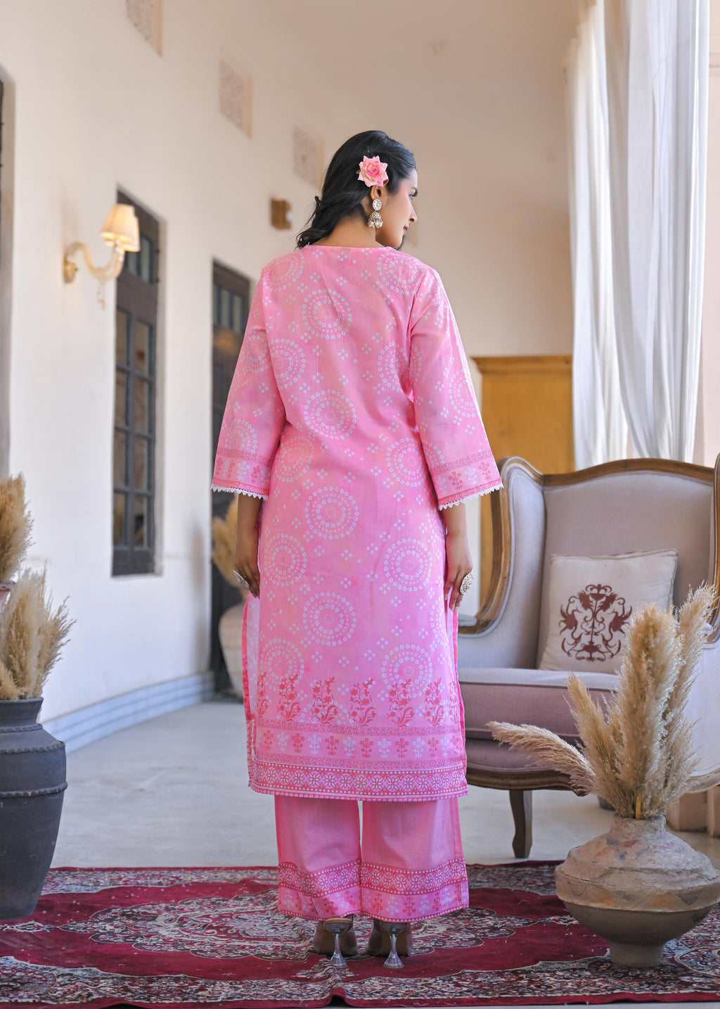 Women's Pink 3/4 Sleeves Jam Cotton Suit of 3 Embroidered Kurta, Palazzo & Dupatta Set