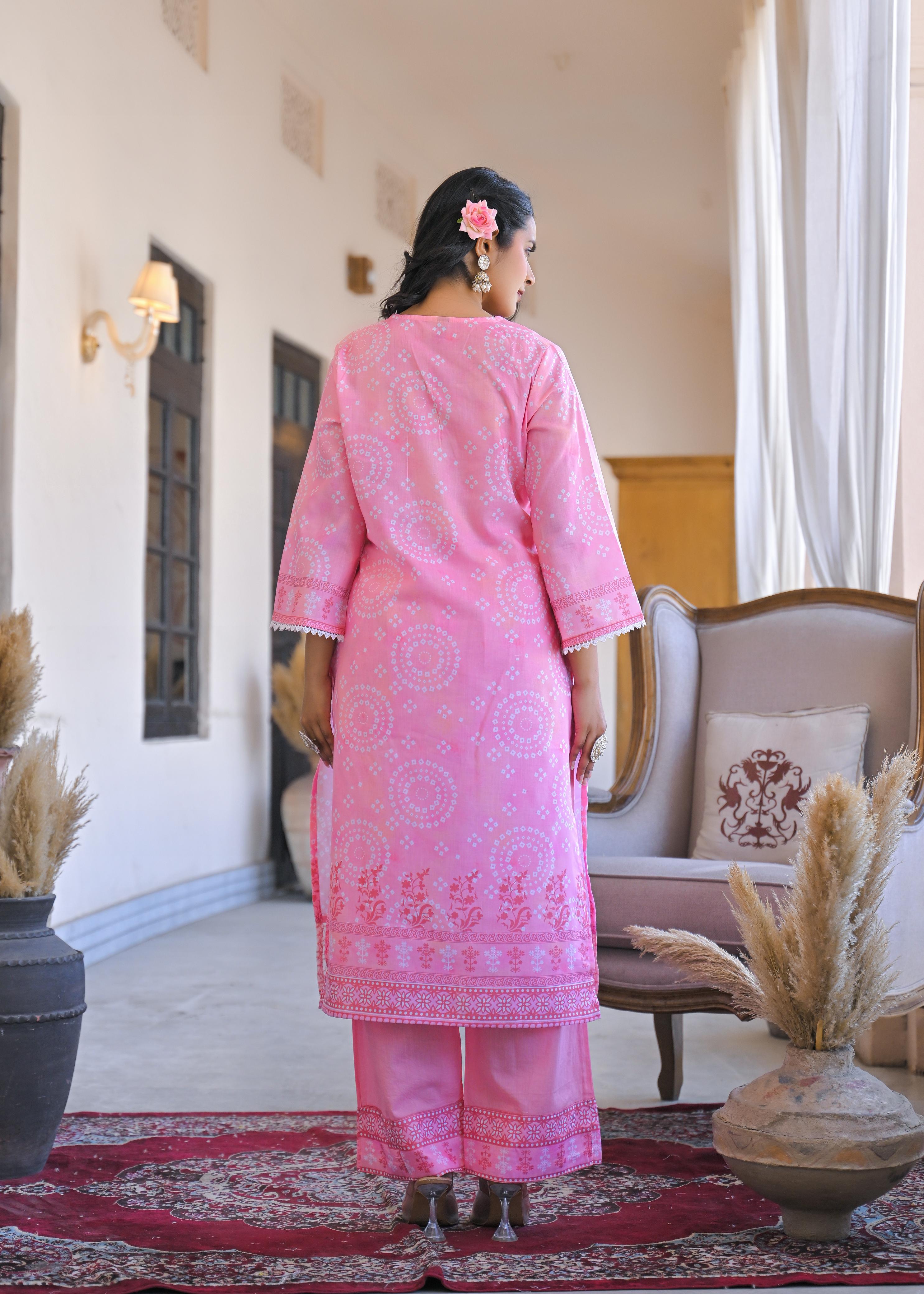 Women's Pink 3/4 Sleeves Jam Cotton Suit of 3 Embroidered Kurta, Palazzo & Dupatta Set