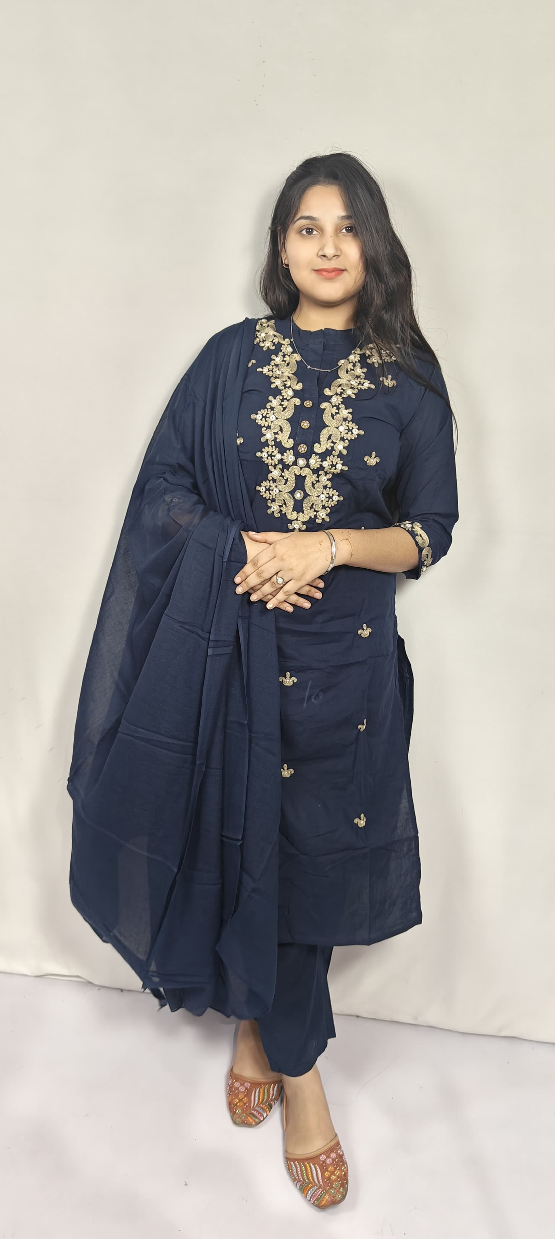 Navy Blue Embroidered 3 Piece Kurta Set (Z0219)