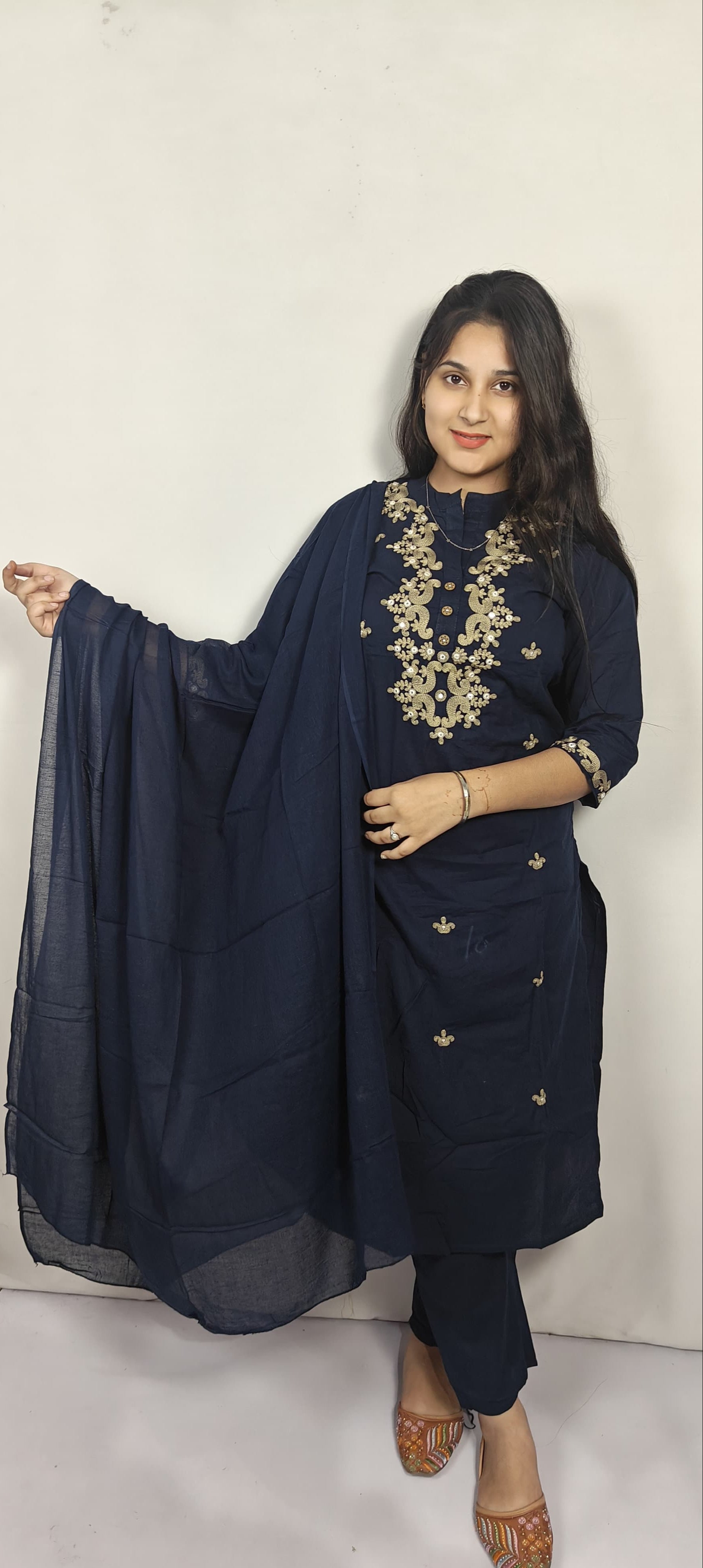 Navy Blue Embroidered 3 Piece Kurta Set (Z0219)