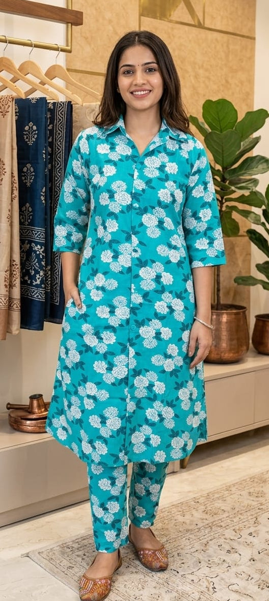 Firozi colour cotton fabric 2 piece co-ord set  (Z0685)