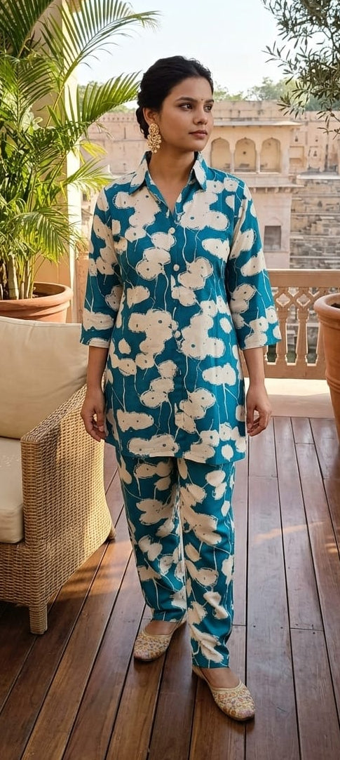 Blue colour reyon cotton fabric cordset (Z0689)