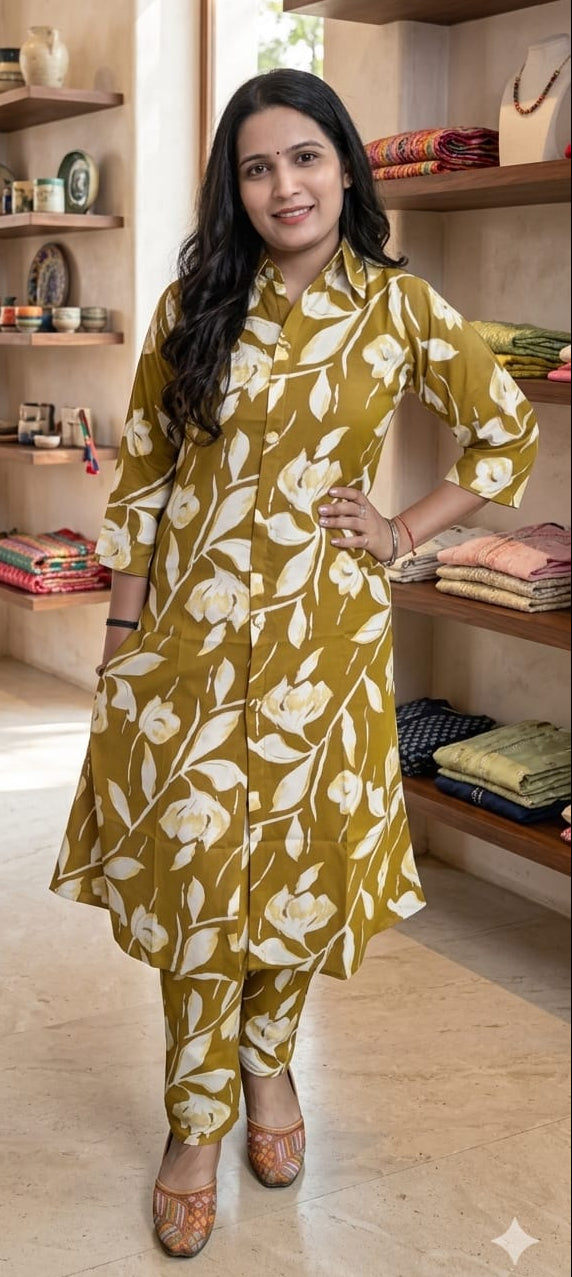 Mustard yellow colour cotton fabric 2 piece co-ord set (Z0683)