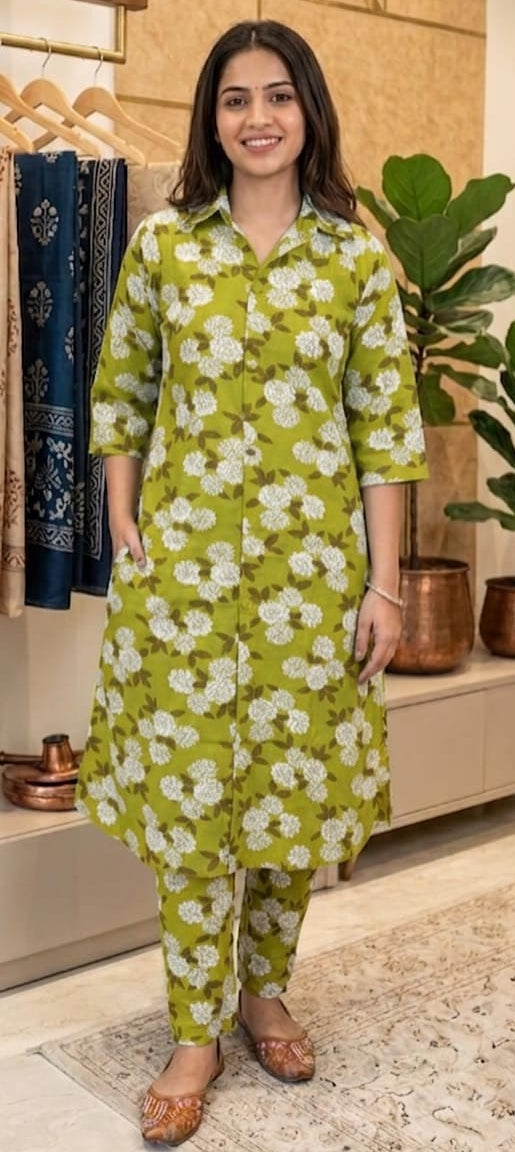 Parrot green colour cotton fabric 2 piece co-ord set (Z0686)