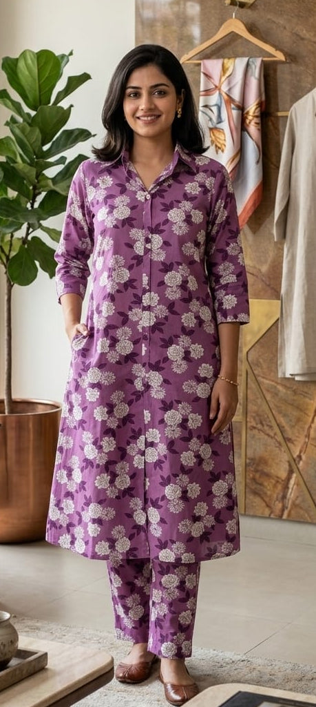 Lavender colour cotton fabric 2 piece co-ord set (Z6084)