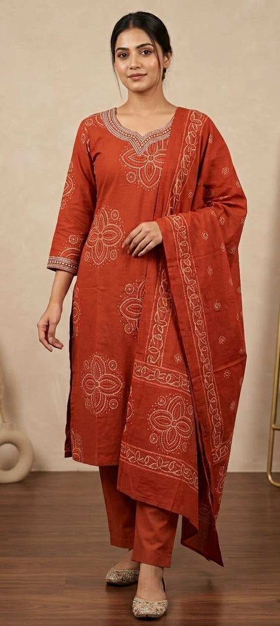 Rust orange colour pure cotton 3 piece suit (Z0681)