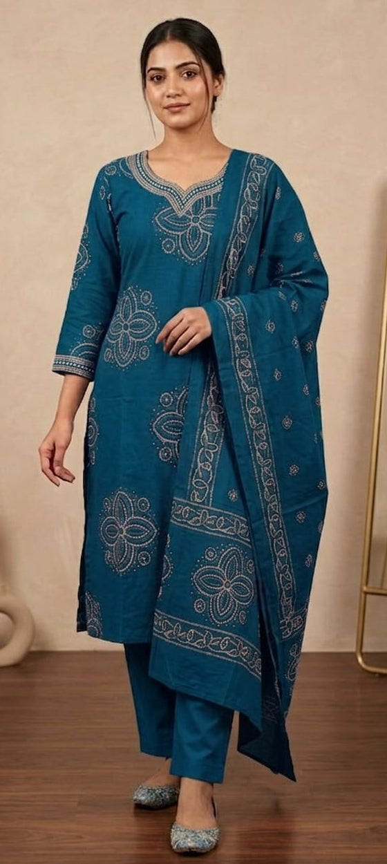 Blue colour pure cotton 3 piece suit (Z0682)