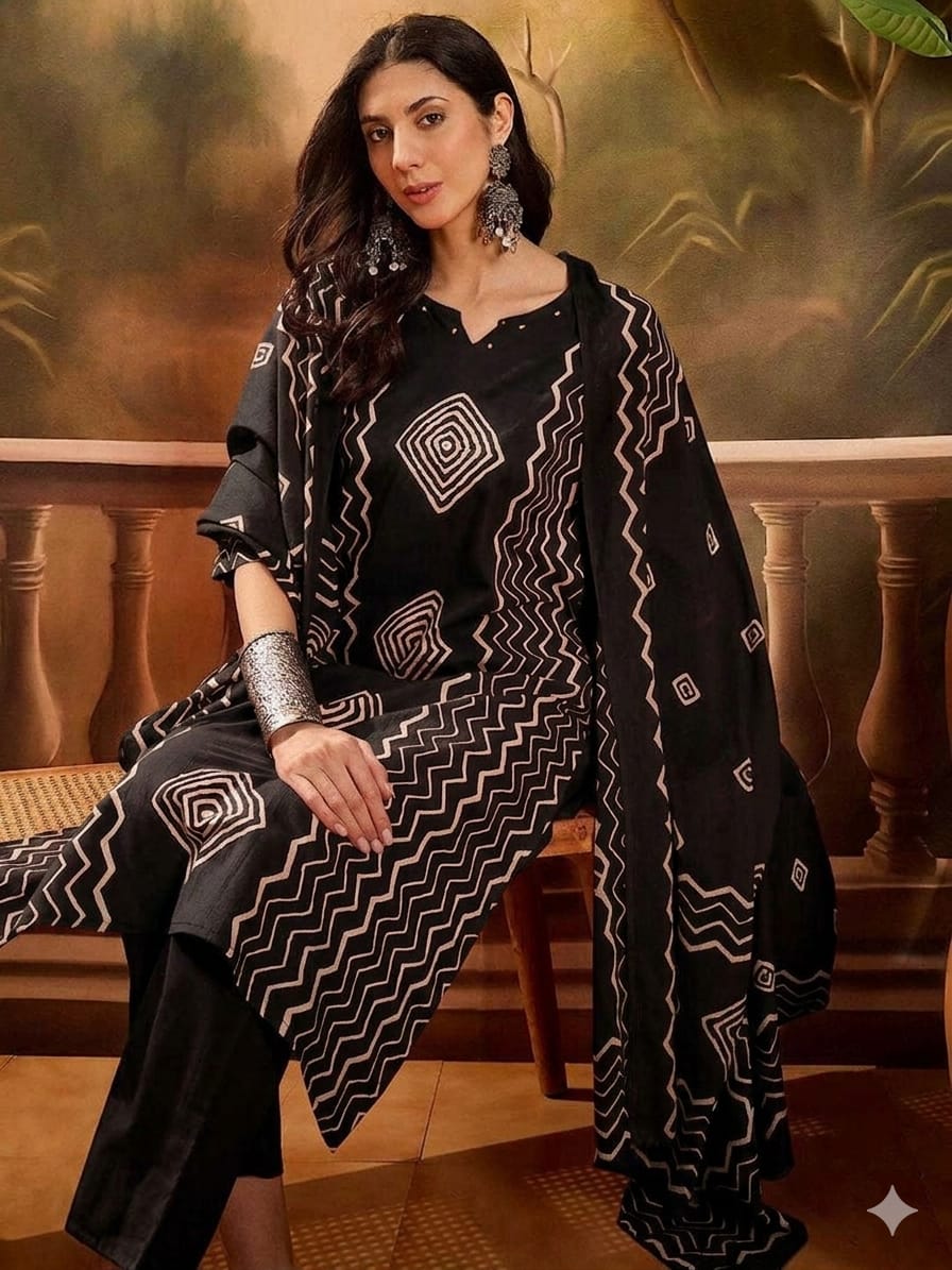 Black colour reyon cotton fabric 3 piece suit (Z0707)