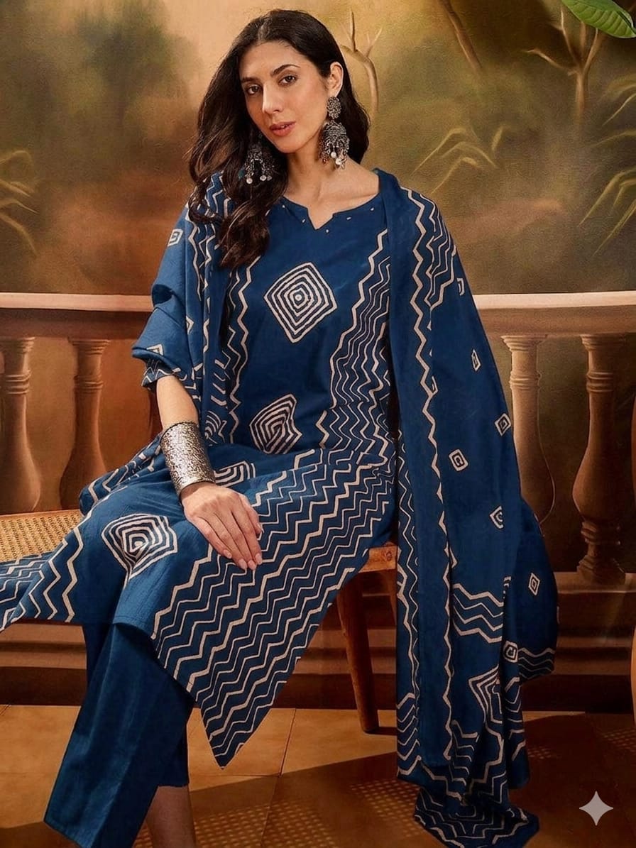 Blue colour reyon cotton fabric 3 piece suit (Z0705)