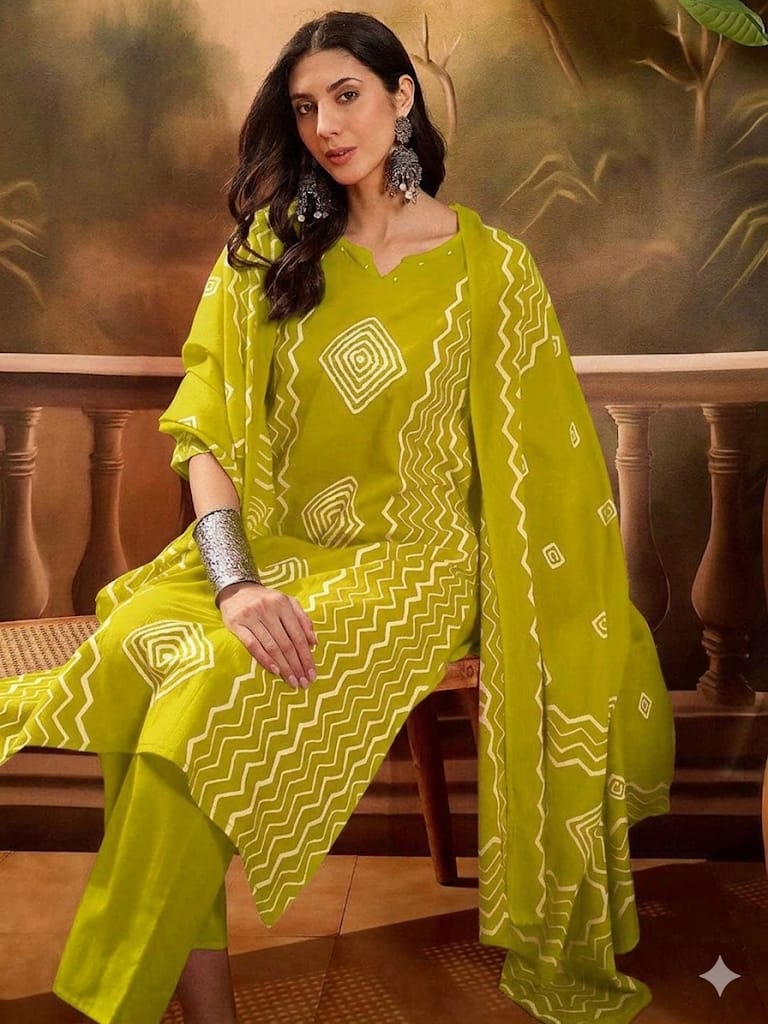 Lime green colour reyon cotton fabric 3 piece suit (Z0704)