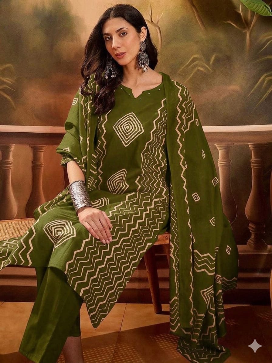 Green colour reyon cotton fabric 3 piece suit (Z0703)