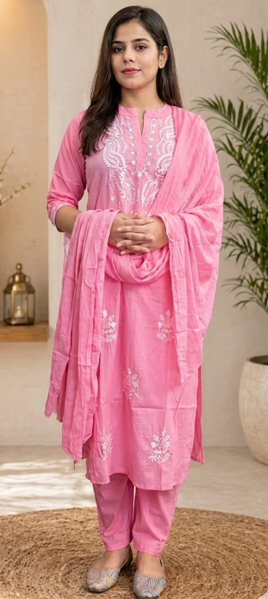 Pink colour pure cotton fabric 3 piece suit (Z0664)