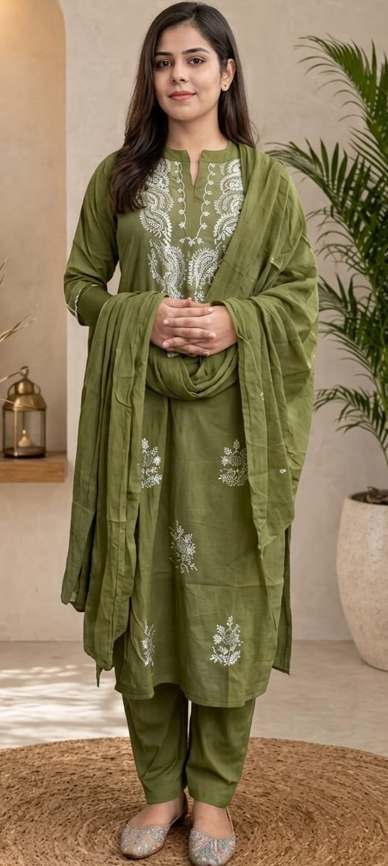 Green colour pure cotton fabric 3 piece suit (Z0665)
