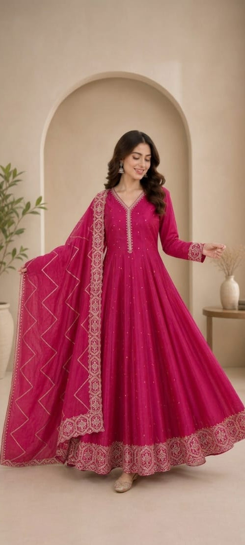 Pink colour silk fabric santoon lining party wear anarkali (Z0672)