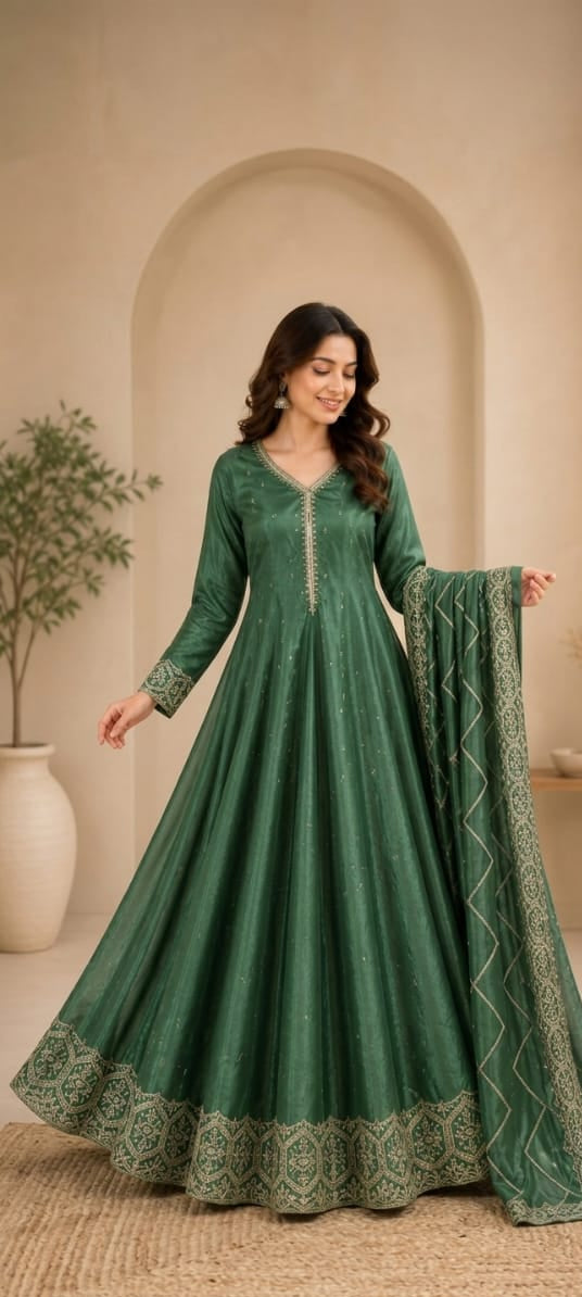 Green colour silk fabric santoon lining party wear anarkali (Z0673)