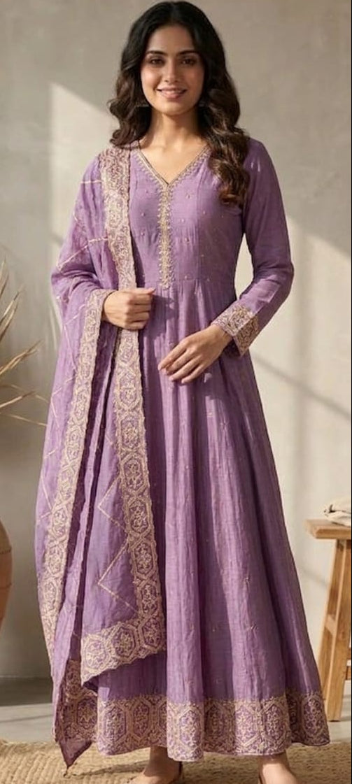 Lavender colour silk fabric santoon lining party wear anarkali  (Z0674)