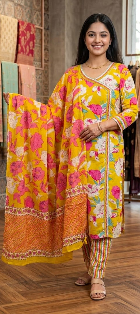 Yellow colour pure cotton fabric 3 piece suit (Z0718)