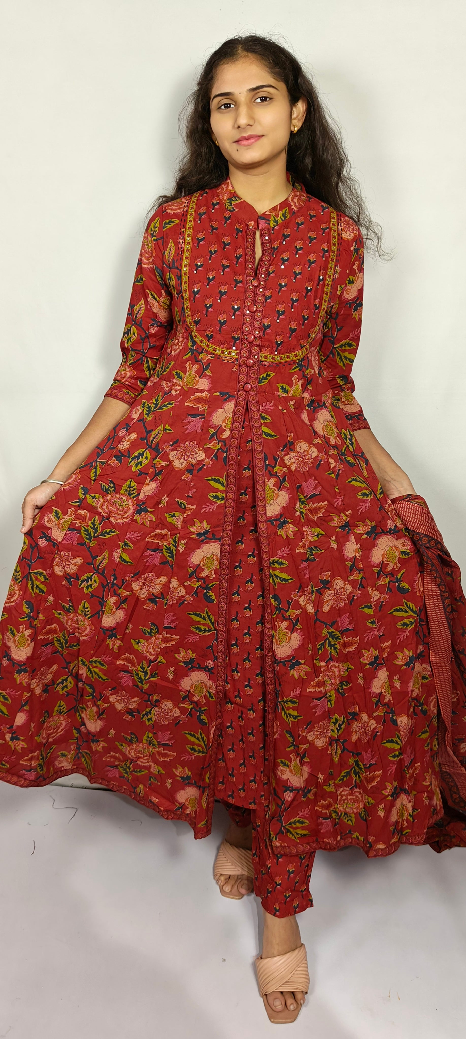 Rust red colour printed anarkali three piece set (Z0215)